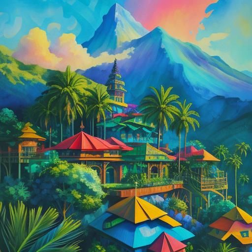 Tropical Village Gouache Painting with Geometric Shapes