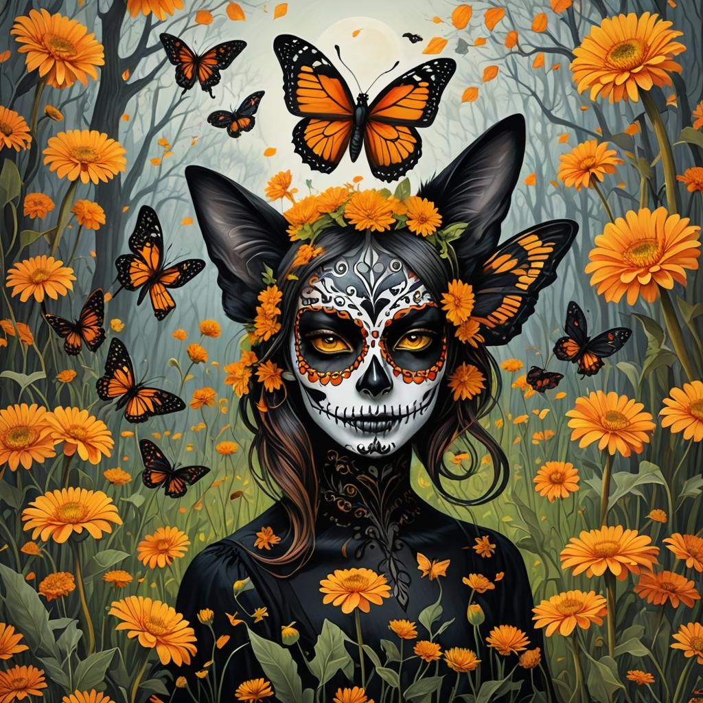 Surreal Autumn Halloween Scene with Sugar Skull Moth