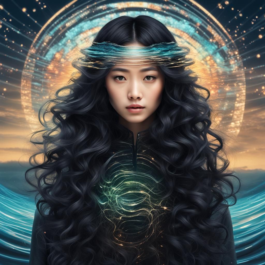 Asian Beauty with Wavy Hair in Holographic Light