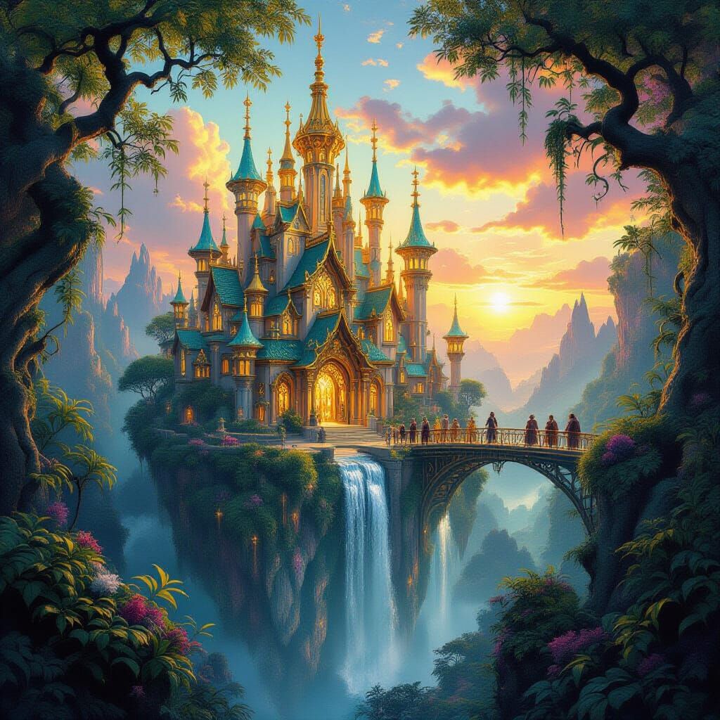 Floating Palace in Enchanted Forest at Sunset