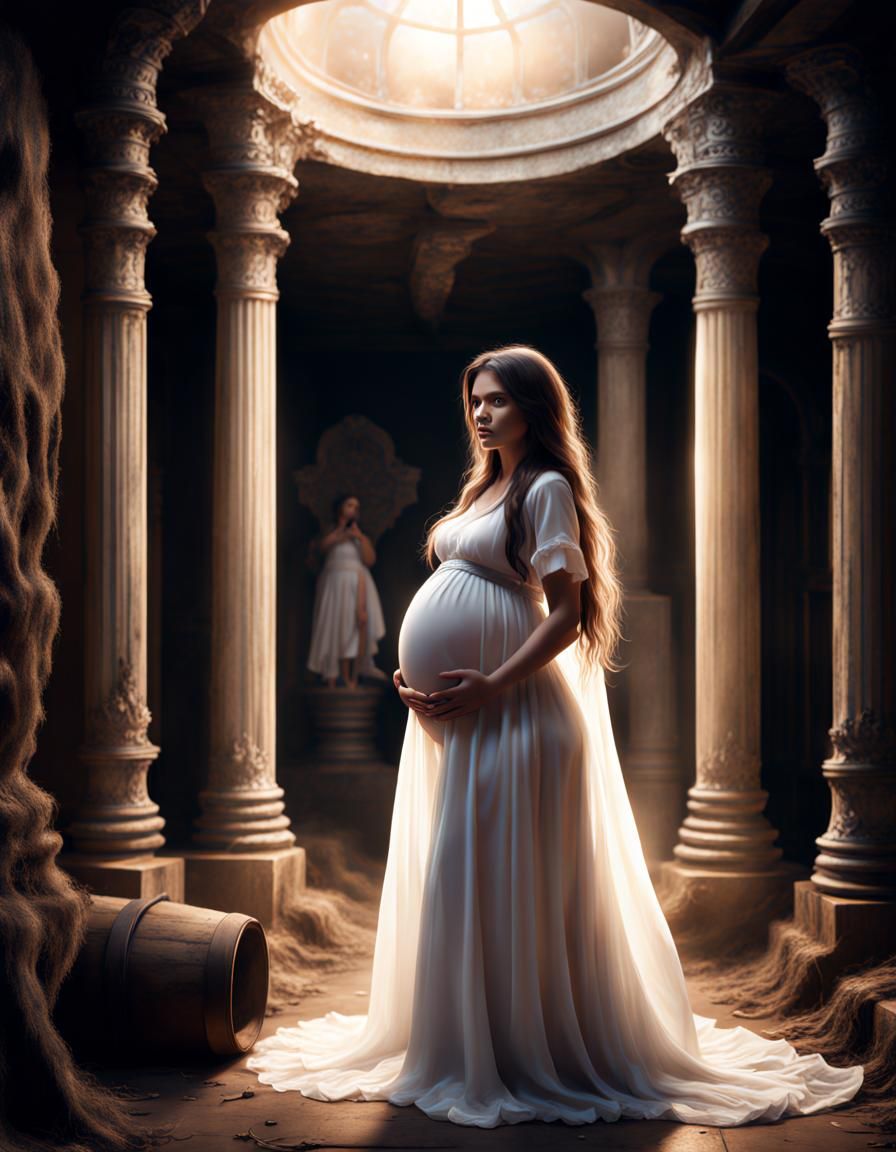 Pregnant Woman in White Dress: Cinematic Digital Art