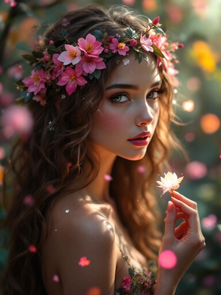 A forest nymph girl with tina colorful wildflowers and leaf-...