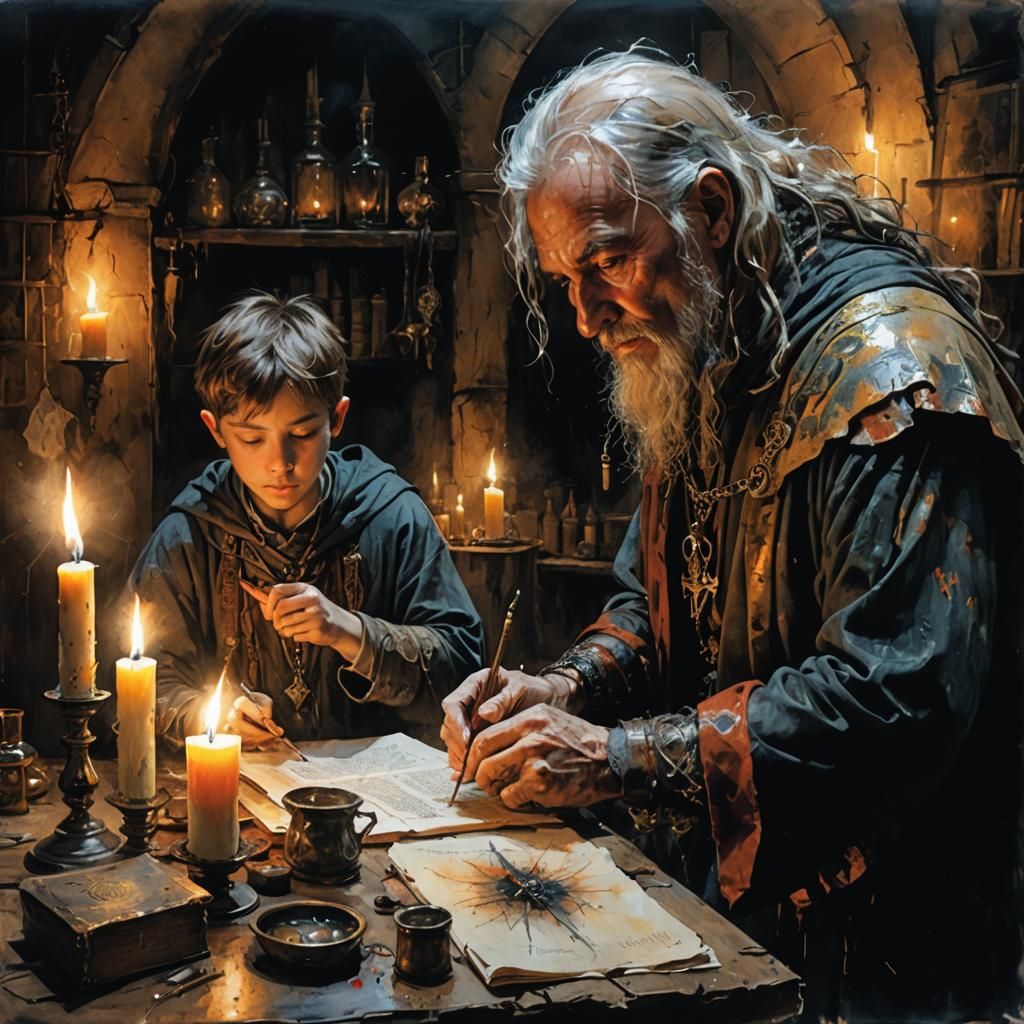 Sorcerer Teaching Spell in Medieval Lair, Alcohol Ink Art