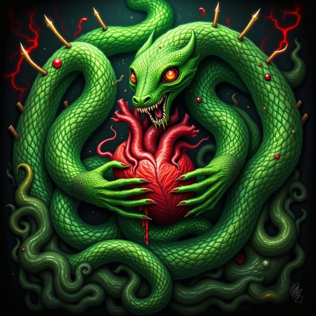 Gothic Serpent Piercing Heart with Biomechanical Details