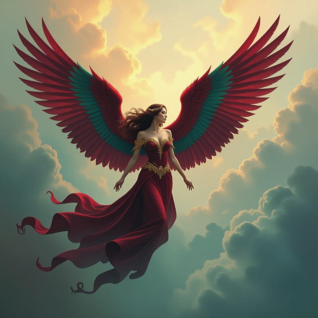 Angel Soaring Through Dream Realm in Surrealist Style