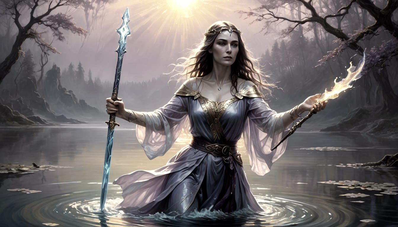 Viviane and Excalibur: Ethereal Oil Painting