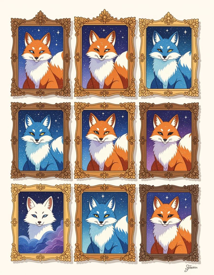 Cosmic Kitsune Family History in Watercolor Splash Art
