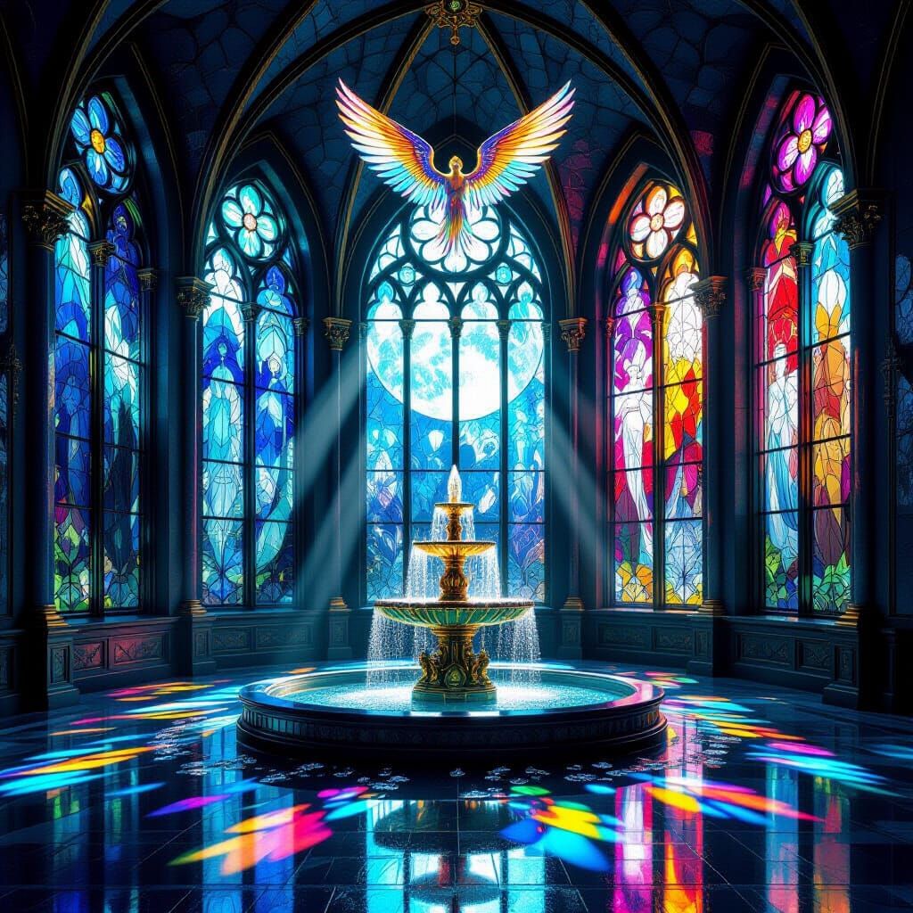 Surreal Stained Glass Chapel Under Ethereal Moonlight