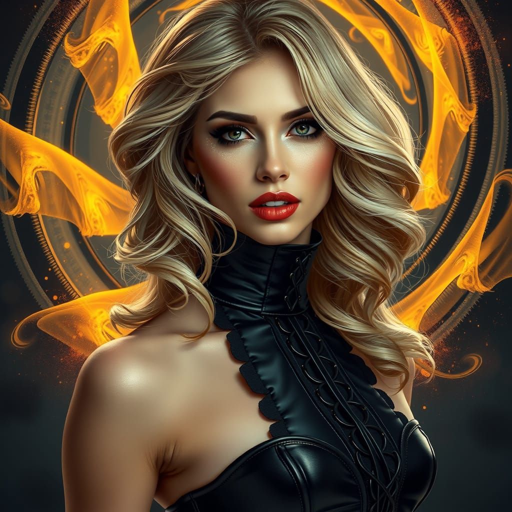 Stunning Woman in Latex Corset with Spiraling Vortex Backgro...