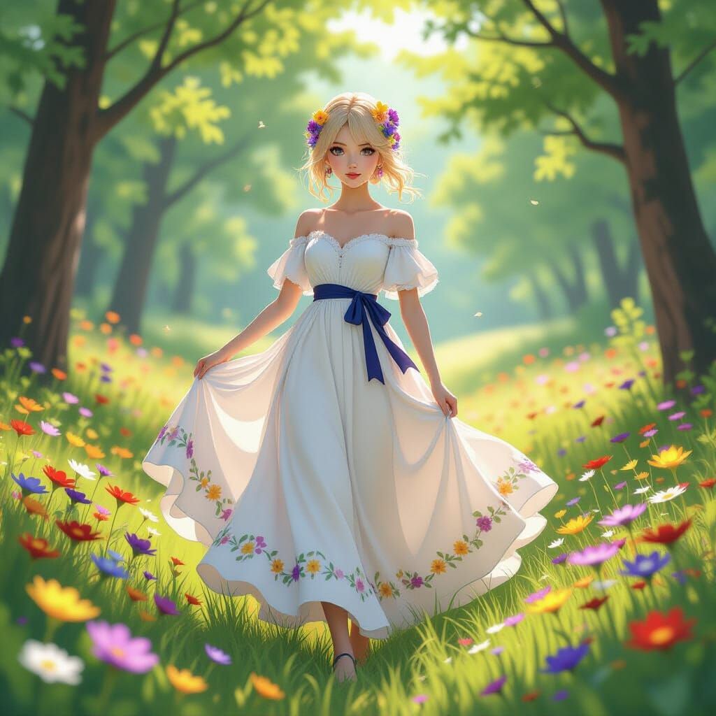 Anime Woman in Sunlit Forest Clearing