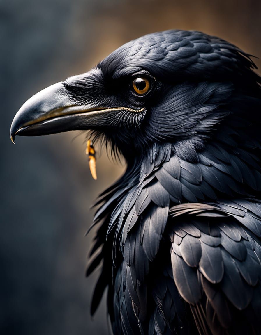 Dramatic Raven Portrait with Golden Feather Detail
