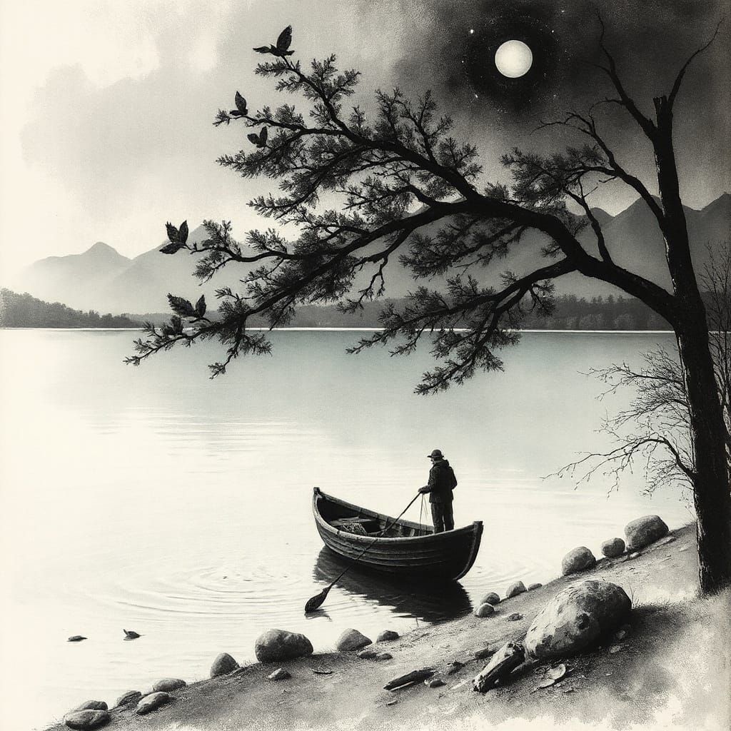 Mystical Lakeside Scene in Folk Art Style with Dreamlike Qua...