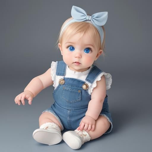 Hyperrealistic Portrait of a Sitting Baby with Blue Eyes