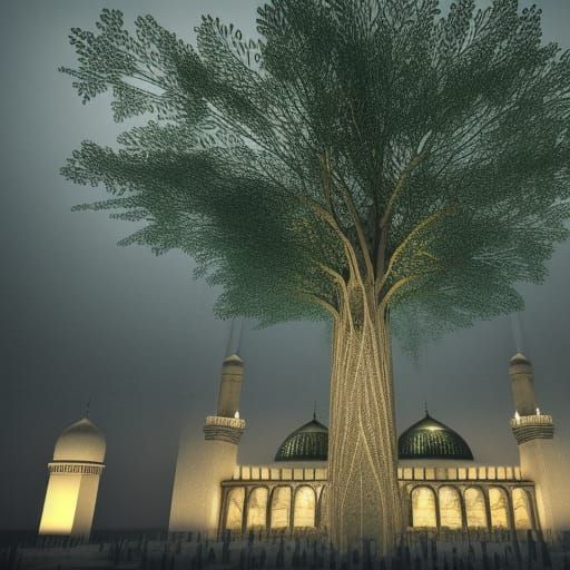 Hyperrealistic Mosque on Tree in Rainy Night