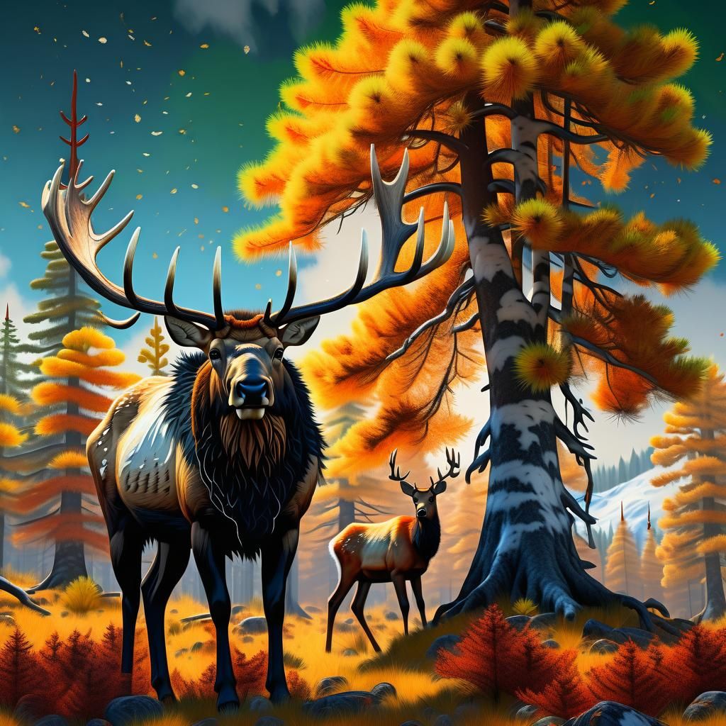 Elk Family in Forest, Detailed Matte Painting