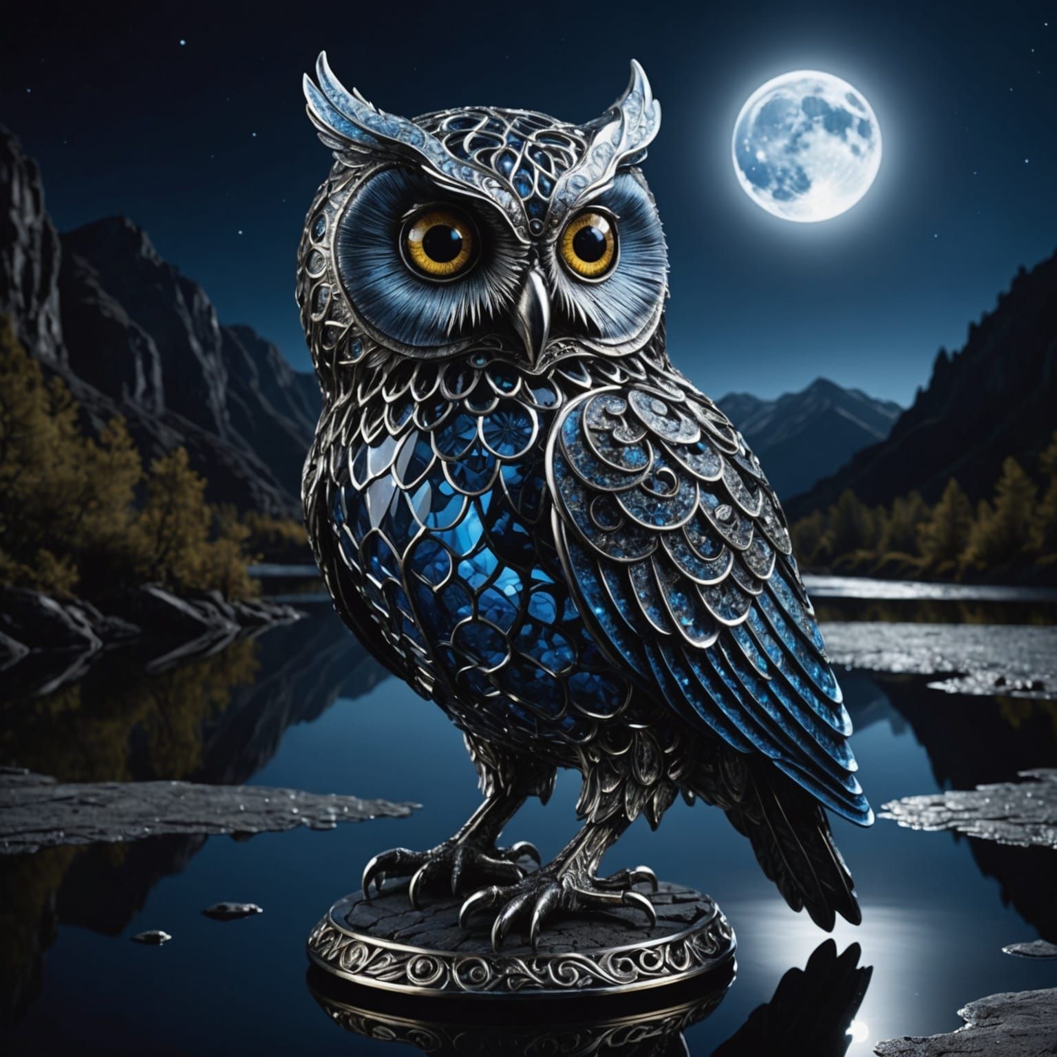 Filigree Glass Owl in Moonlight Fantasy Landscape
