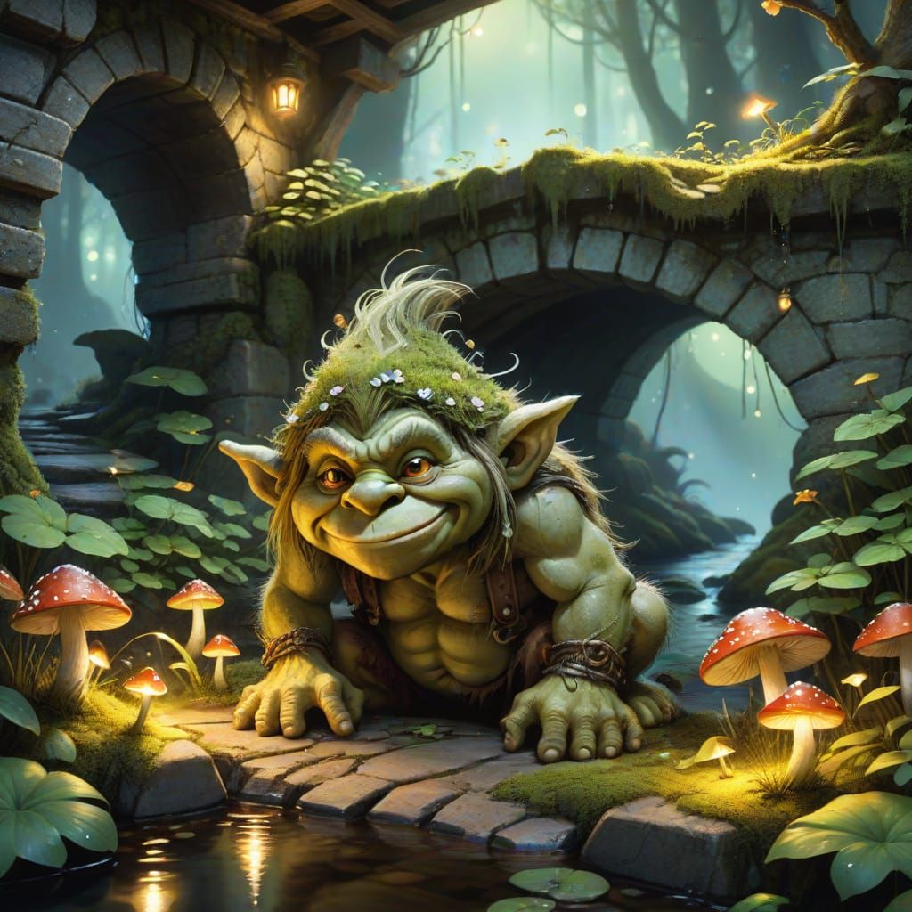 Moss Troll Hiding Under Bridge: Whimsical Fantasy Art