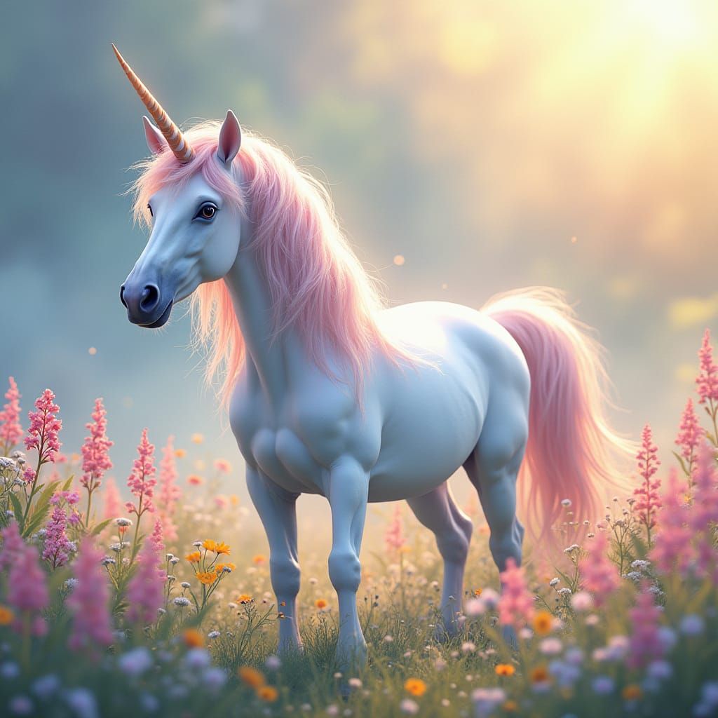 Iridescent Unicorn in Pastel Wildflower Field