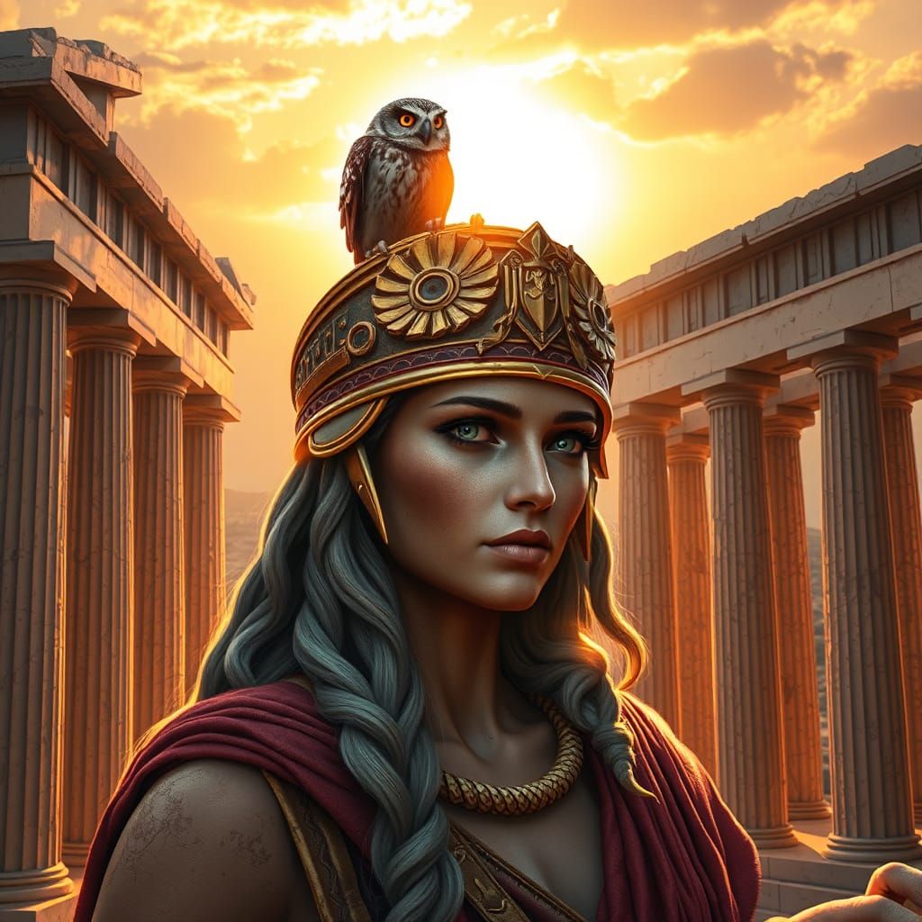 Athena with Owl Overlooking Athens in Digital Art