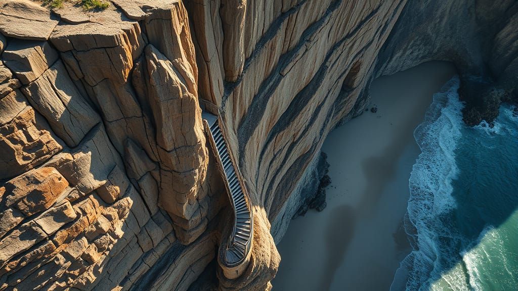 Majestic side of a cliff with a long winding wooden stair