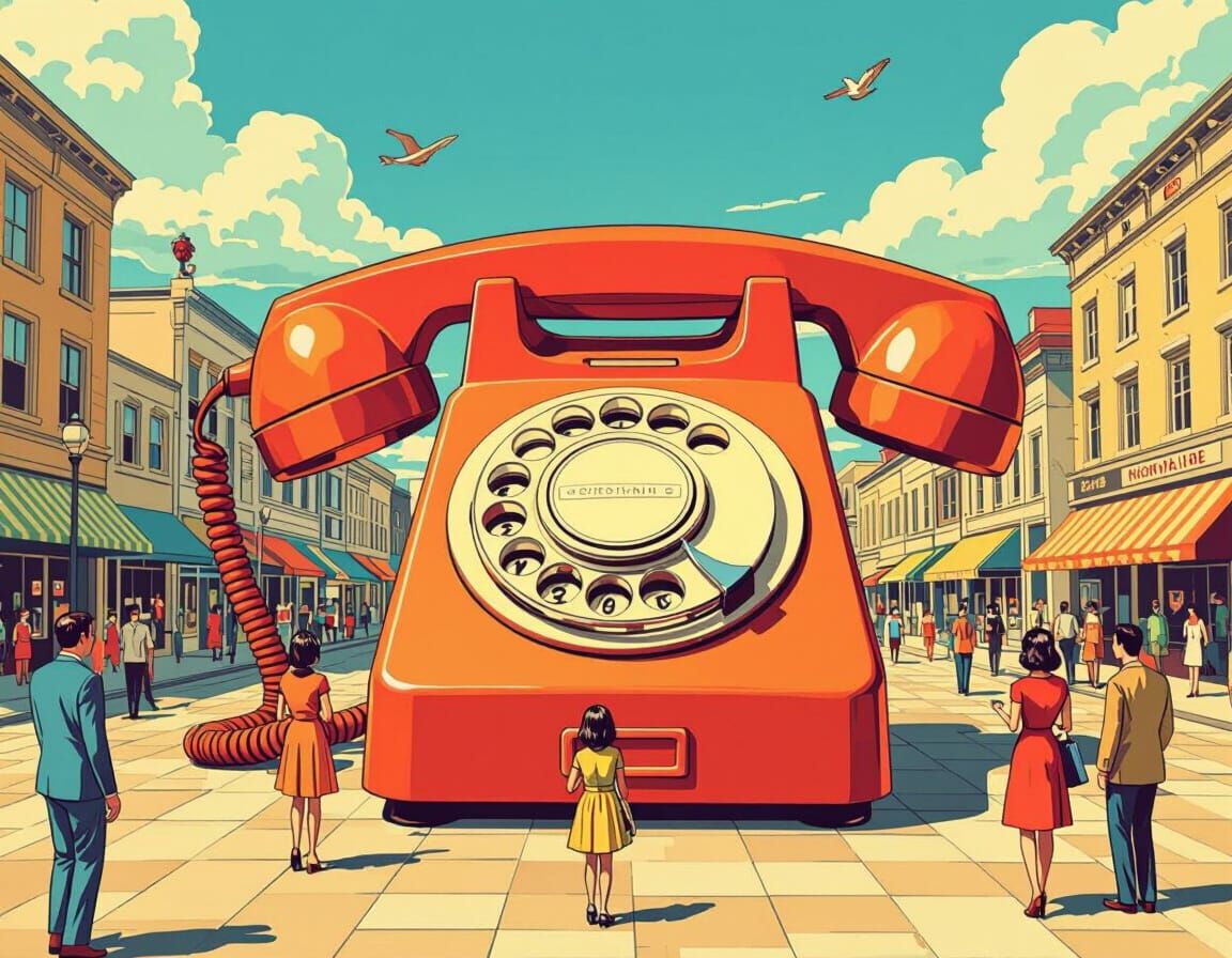 Giant 1960s Rotary Phone in Town Square Pop Art Style