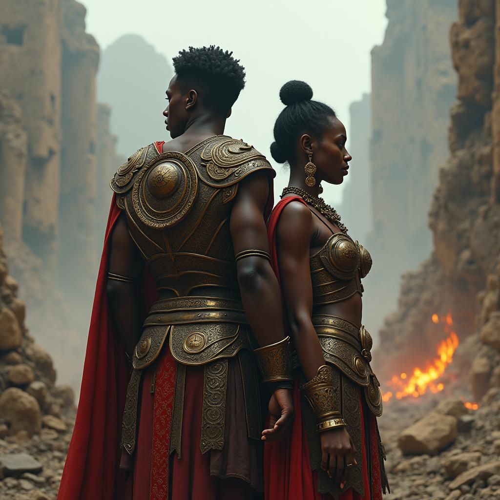 African Warriors in Ruined Landscape, Unreal Engine 5 Style