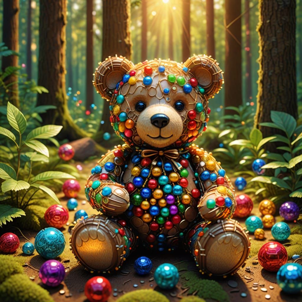 Cheerful Teddy Bear Arranges Glittering Beads in Forest