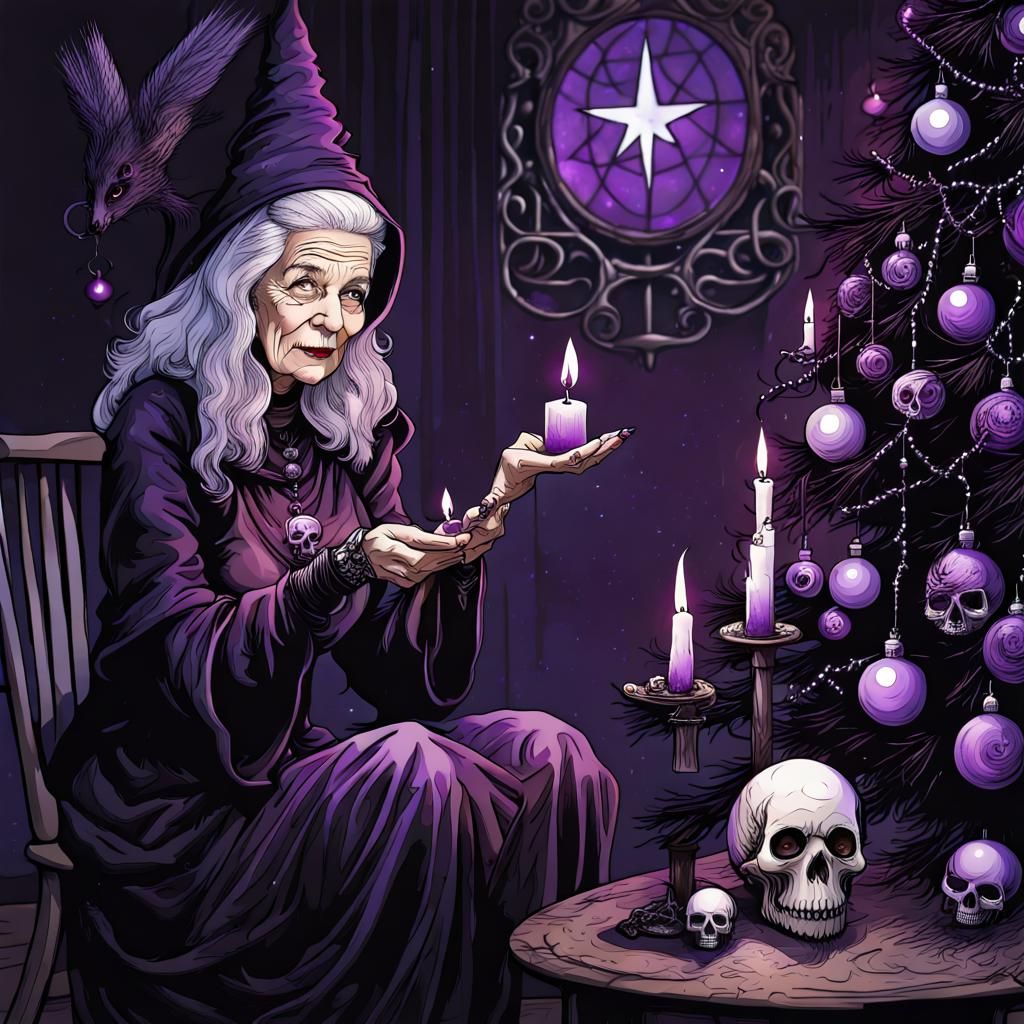 Gothic Witch Decorates Christmas Tree: Stylized Digital Pain...