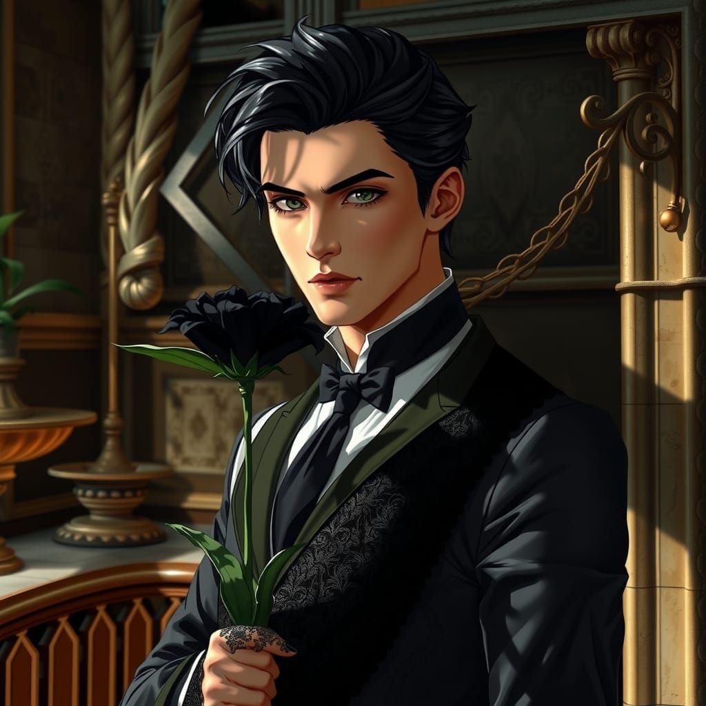 Gothic Youth with Black Dahlia in Manga Style