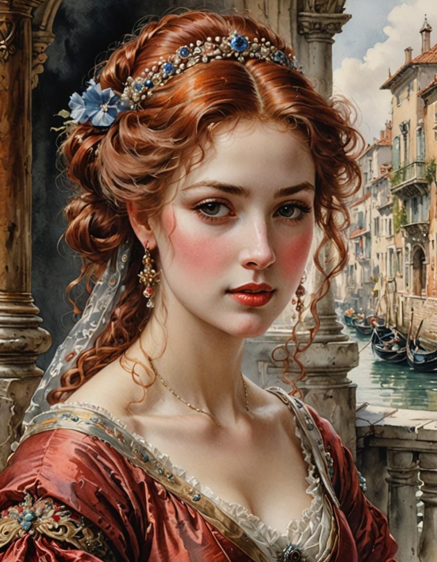 Beautiful Venetian Courtesan Portrait in Watercolor Style