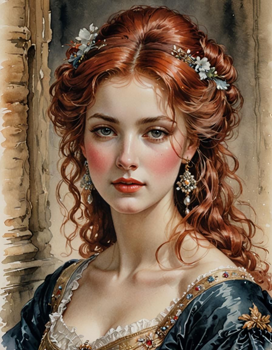 Beautiful Venetian Courtesan Portrait in Watercolor Style