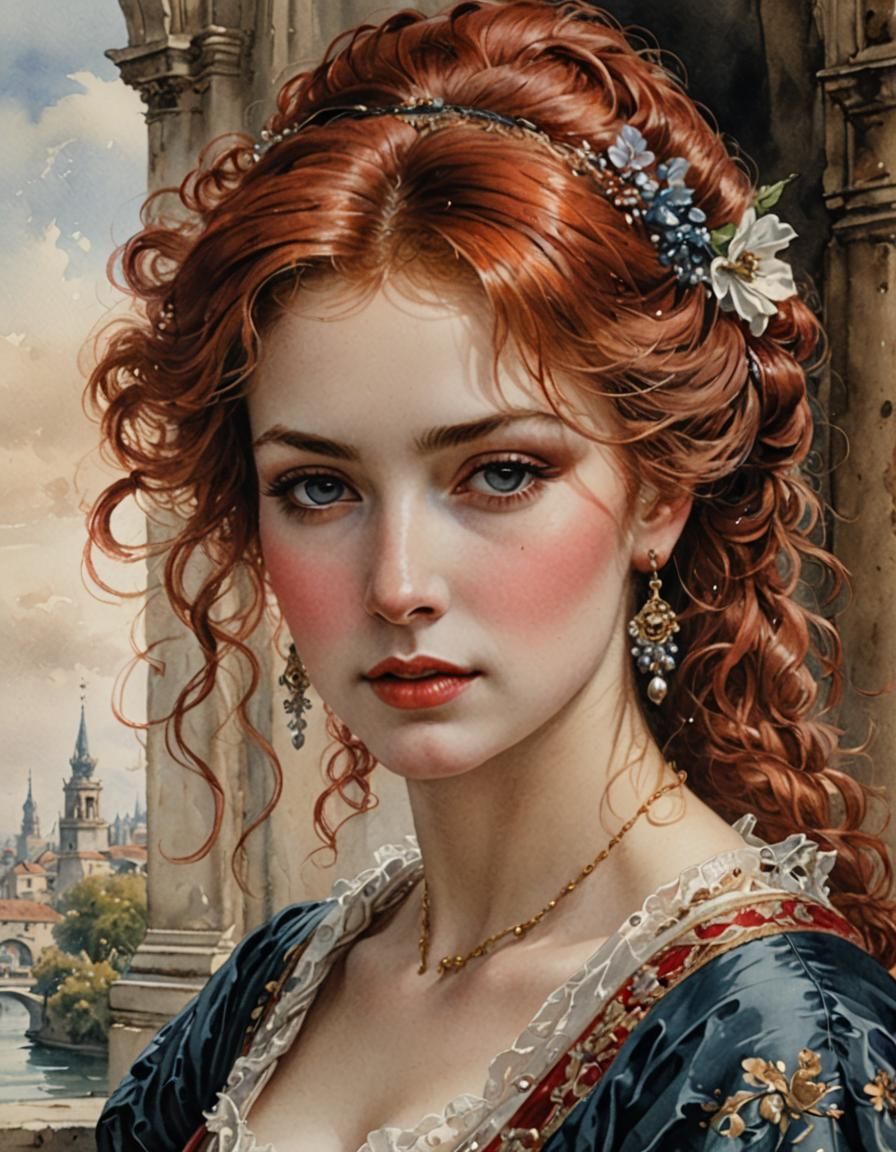 Venetian Courtesan Portrait in Watercolor Style