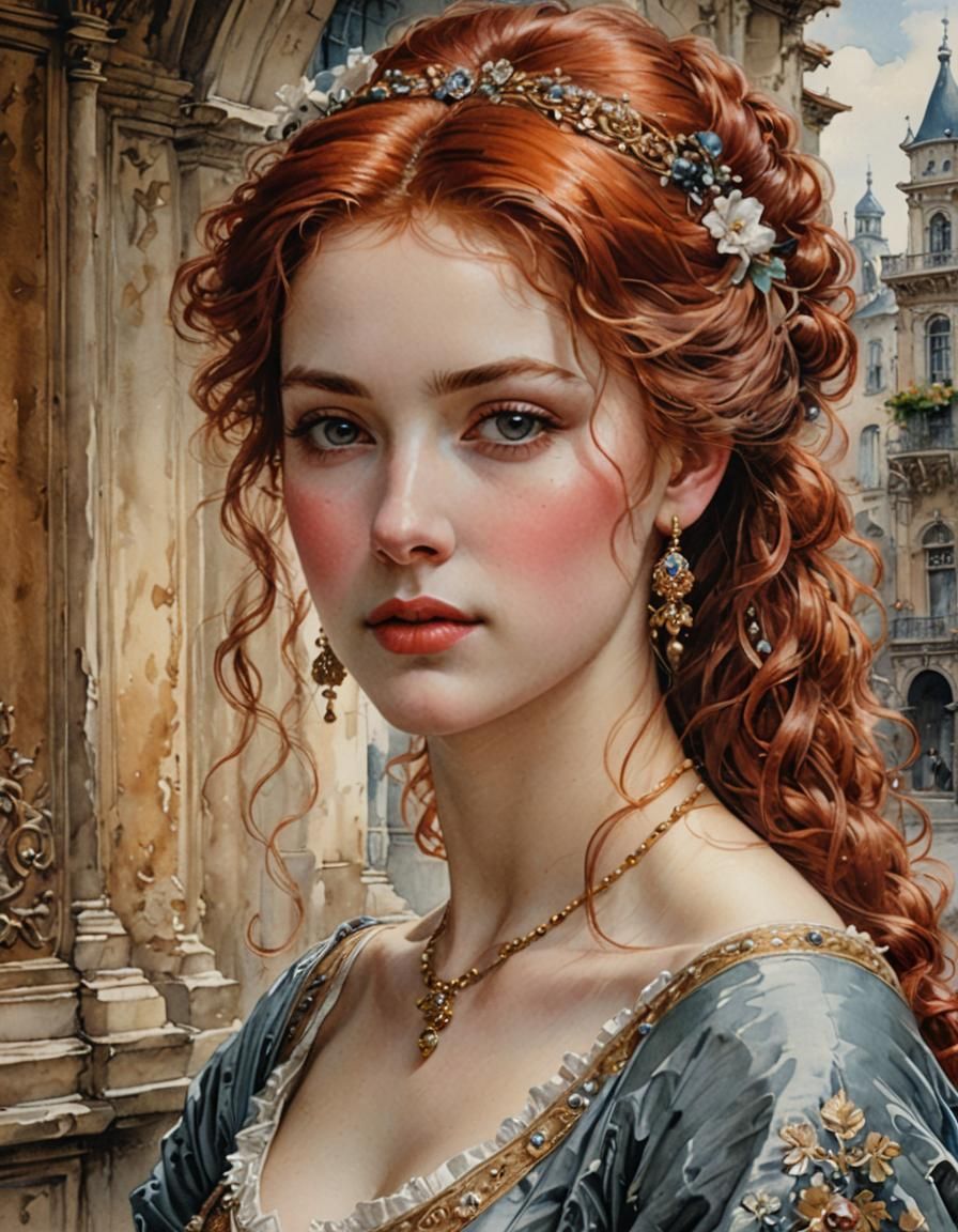 Venetian Courtesan Portrait in Watercolors