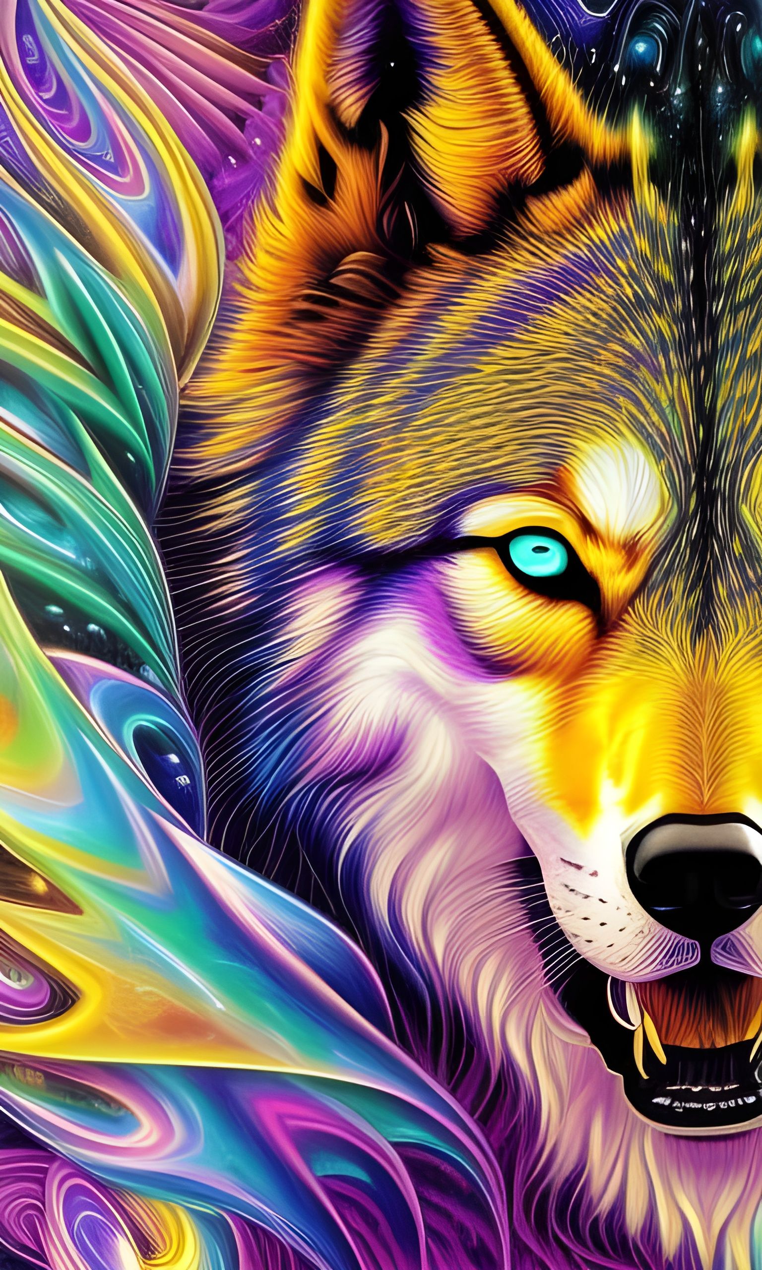 Intergalactic Space Wolf Portrait in Fantasycore Style