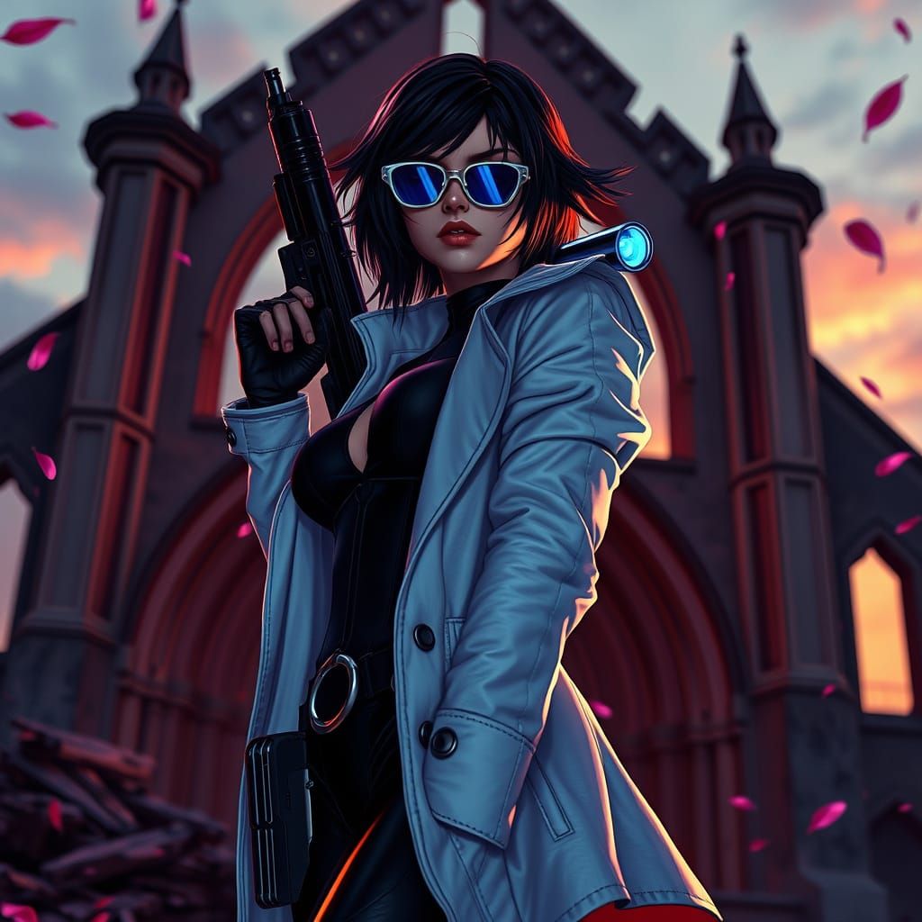 Gothic Gunslinger in Cyberpunk Cathedral Ruins