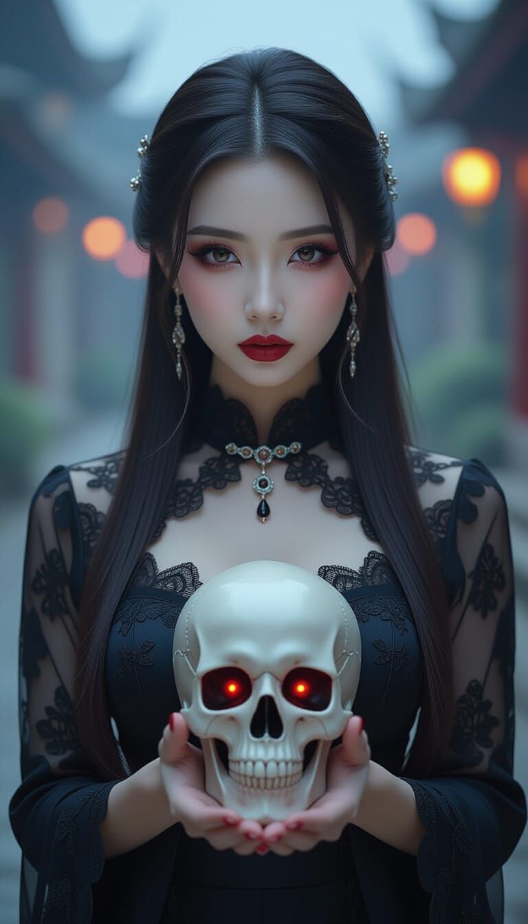 Gothic Girl Holding Skull in Dark Fantasy Portrait