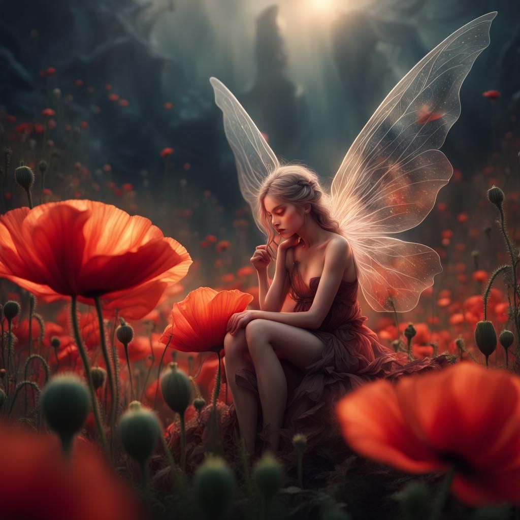 Sleeping Fairy in Poppy Flower, Digital Matte Painting