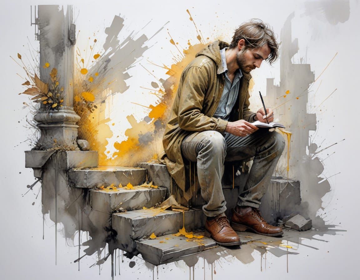 Poet Writing by Streetlamp in Moody Painterly Realism