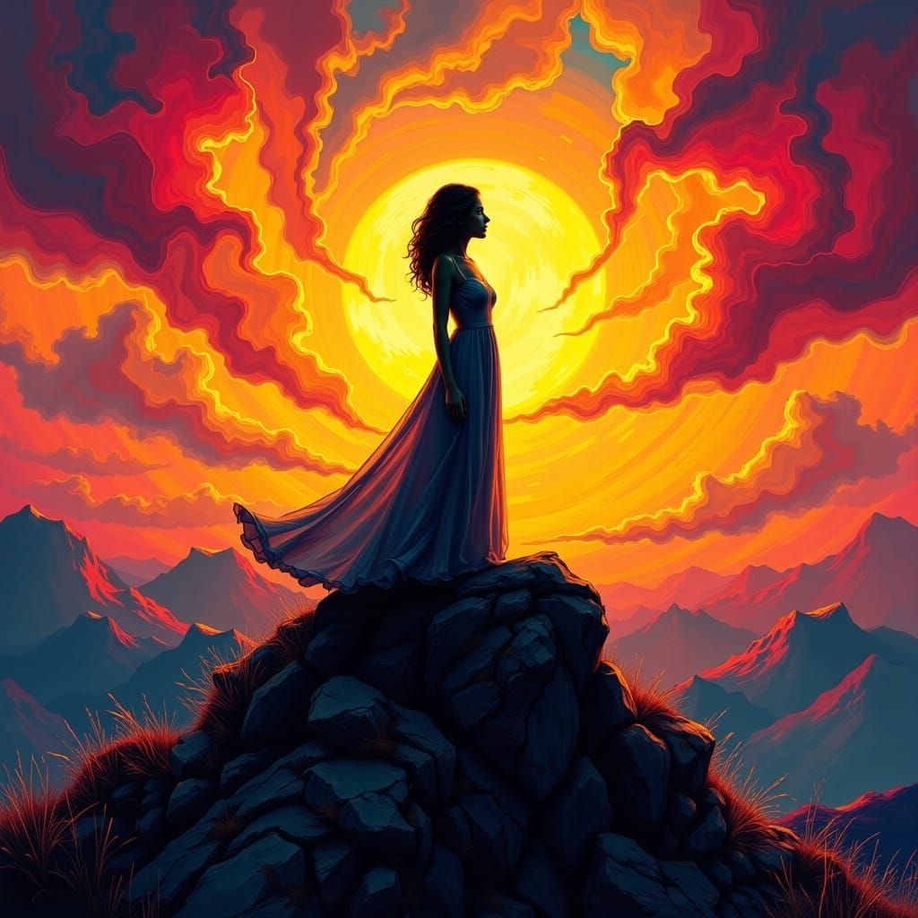 Ethereal Sunset Goddess on a Mountain Peak