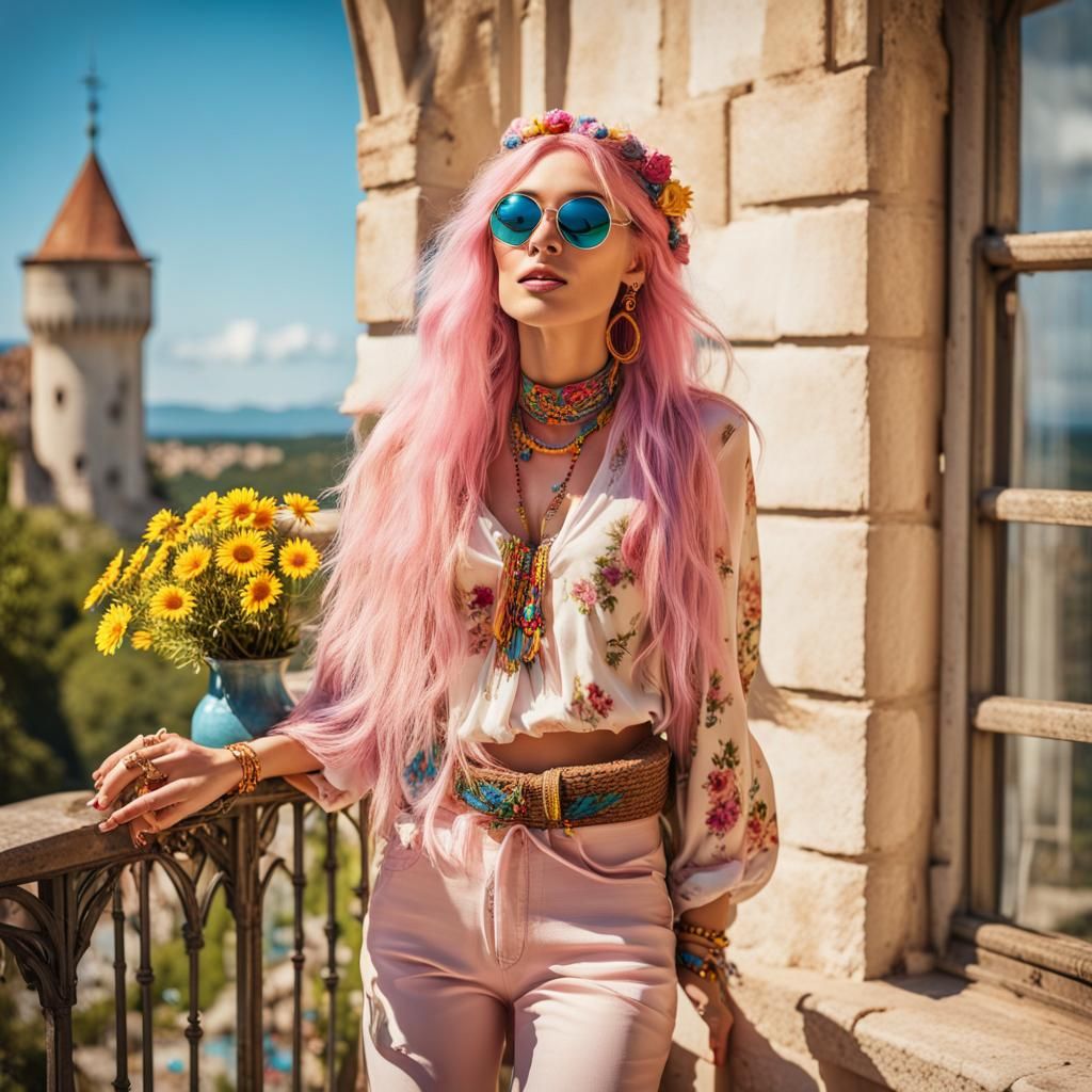 Hippie Woman with Flowers on Castle Balcony