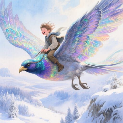 Magical Bird Flight Over Snowy Landscape with Boy, Watercolo...