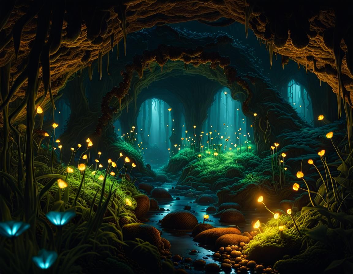 Bioluminescent Fireflies in Dark Fantasy Dungeon