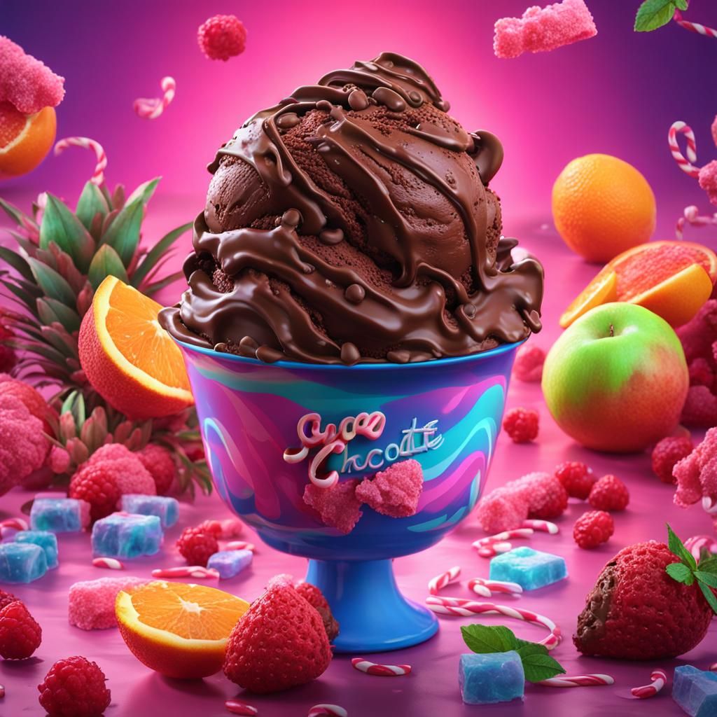 Vaporwave Chocolate Ice Cream with Candy and Fruits