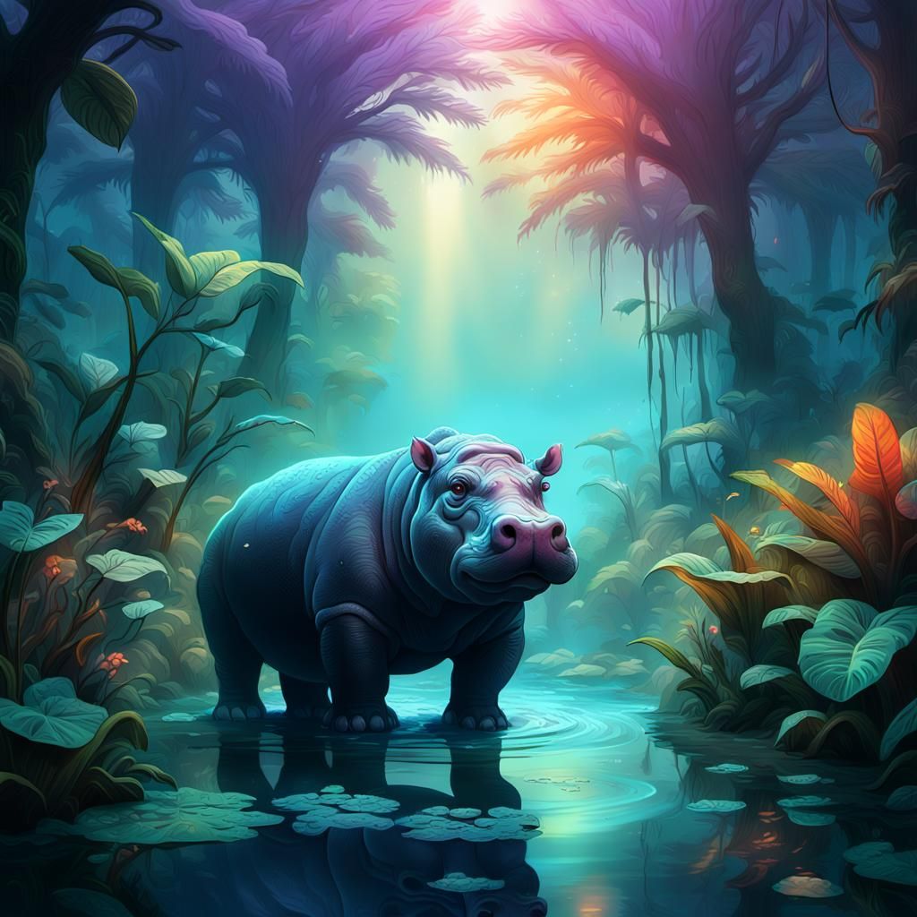 Pygmy Hippopotamus in Bioluminescent Jungle Concept Art