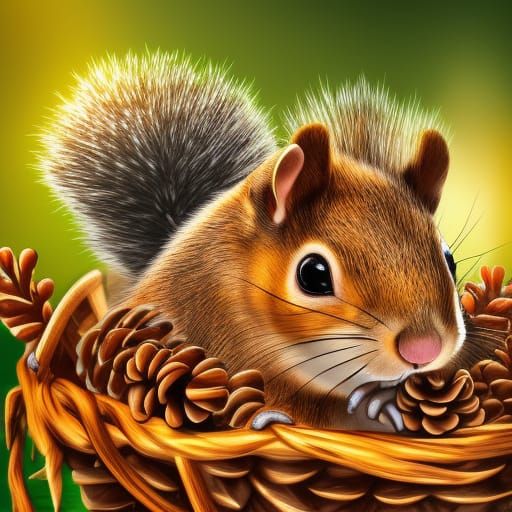 Glowing-Eyed Squirrels in Pine Cone Basket: Hyperrealistic A...
