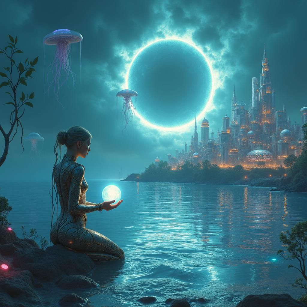 Ethereal Figure Beside Floating City
