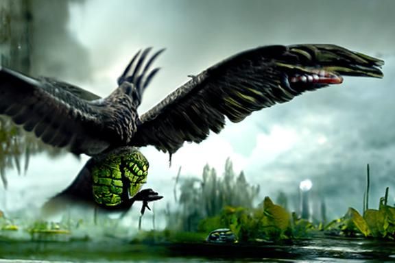 Sinister Bird-Reptile Hybrid in Hyperrealistic Horror Style