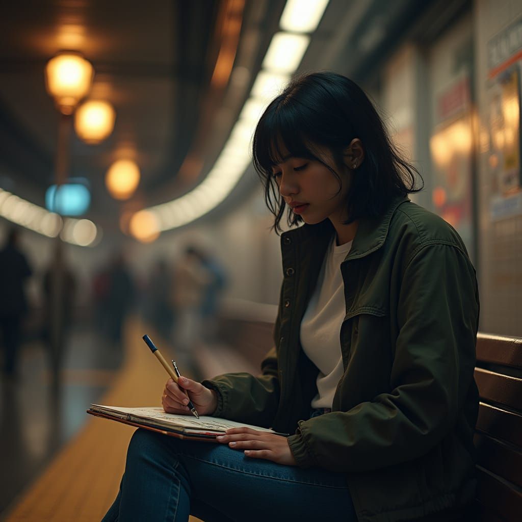 Woman Sketching on Busy Subway Platform