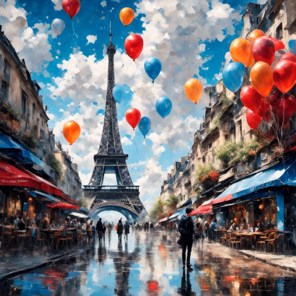 Eiffel Tower Cityscape with Balloons, Digital Photography