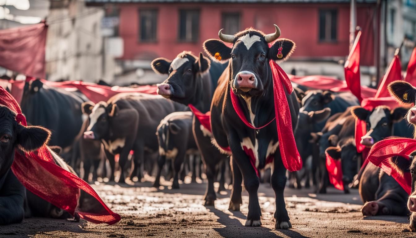 Cows, Pigs, and Red Banners in Sharp Focus